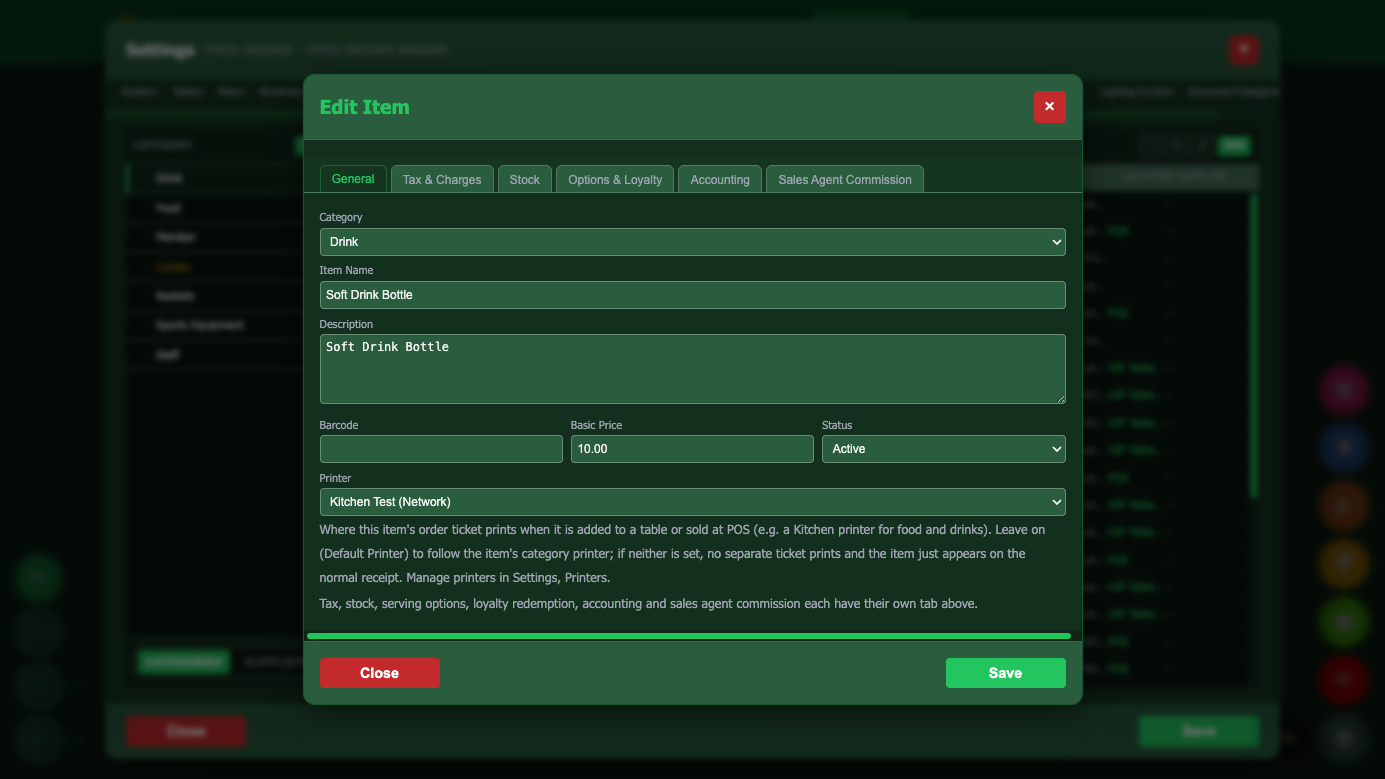 Snooker King per-item printer routing - the Edit Item screen assigns a menu item straight to its kitchen or bar printer, no manual re-routing at checkout