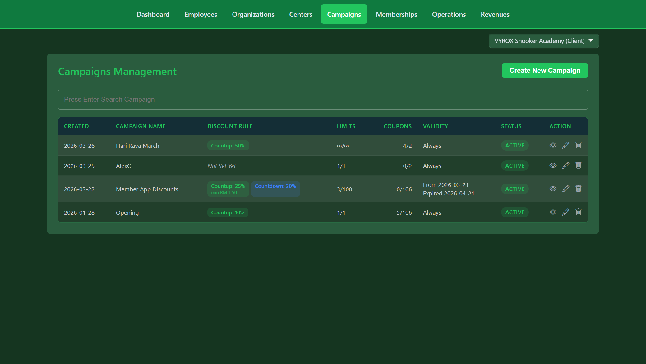 Snooker King campaign engine - Hari Raya, Member App, Opening campaigns with usage tracking and coupon limits