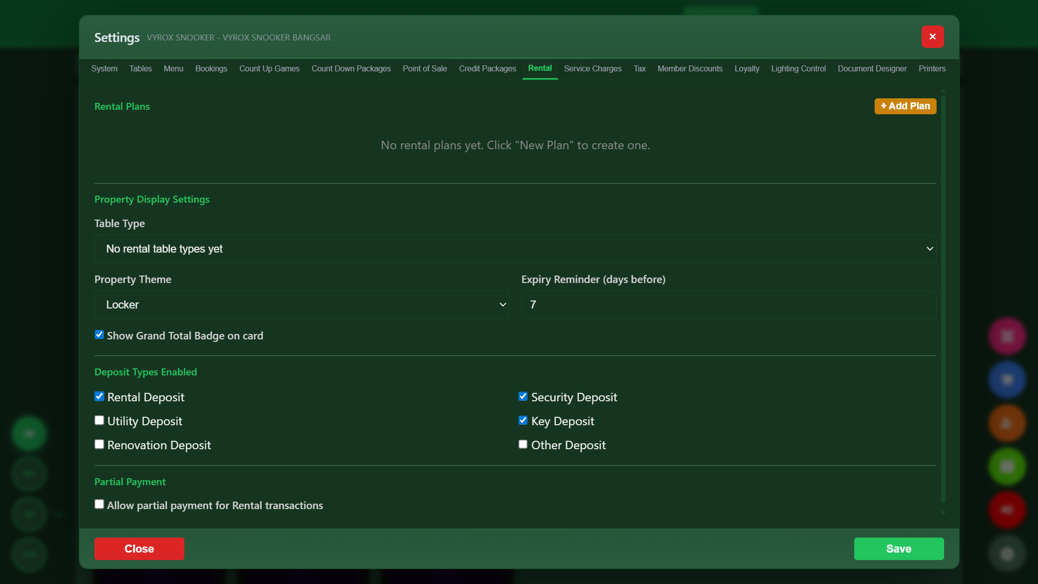 Snooker King rental and locker management - 6 deposit categories, locker, room, parking, condo property themes
