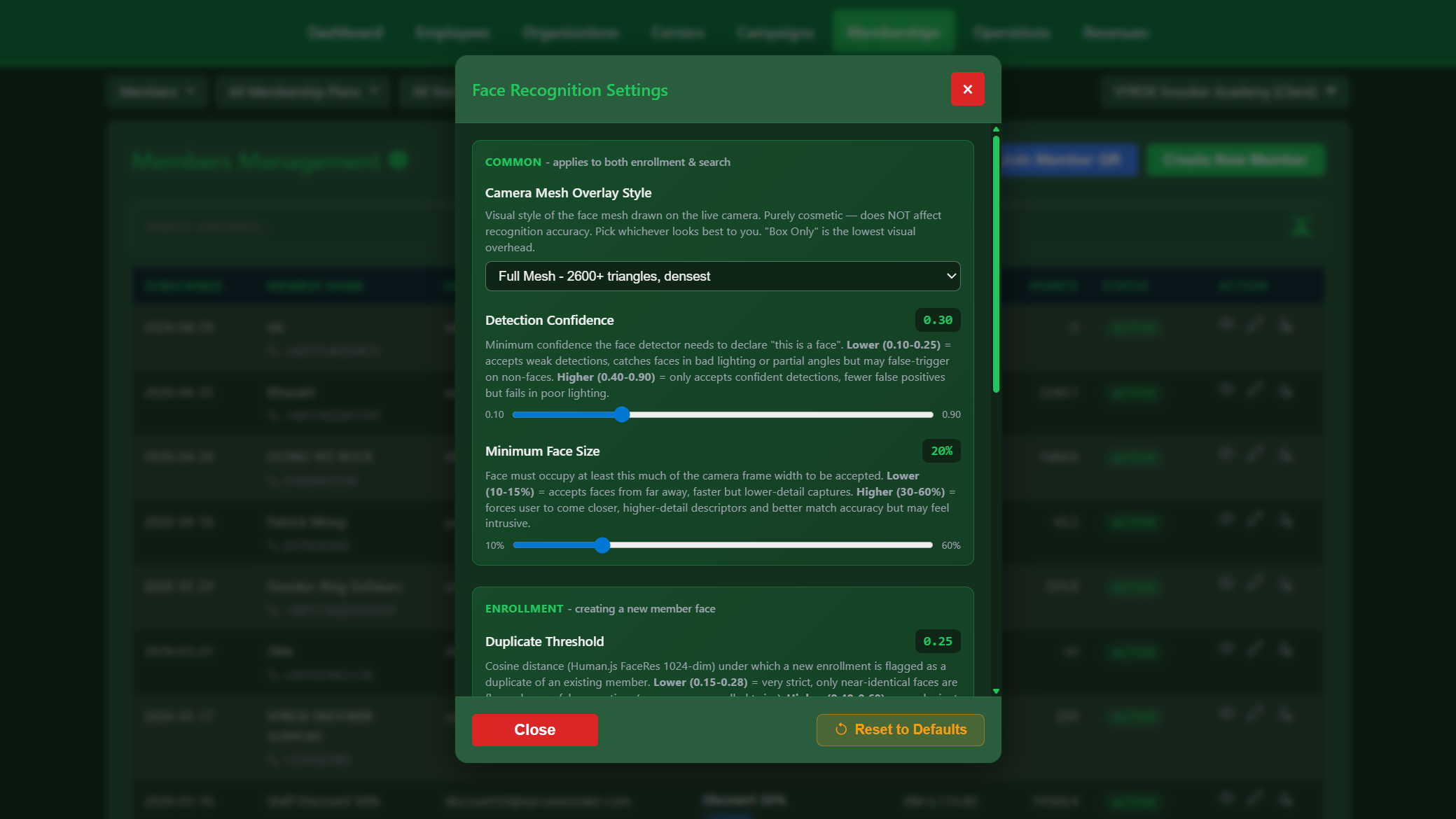 Snooker King face recognition settings - sensitivity sliders, security presets and detection thresholds for member auto-identification