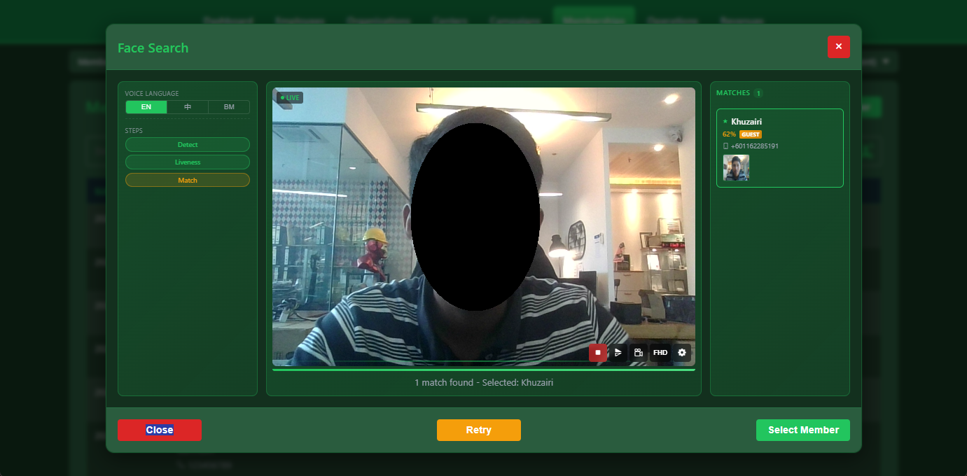 Snooker King face recognition - frictionless member check-in with on-camera liveness for venue security