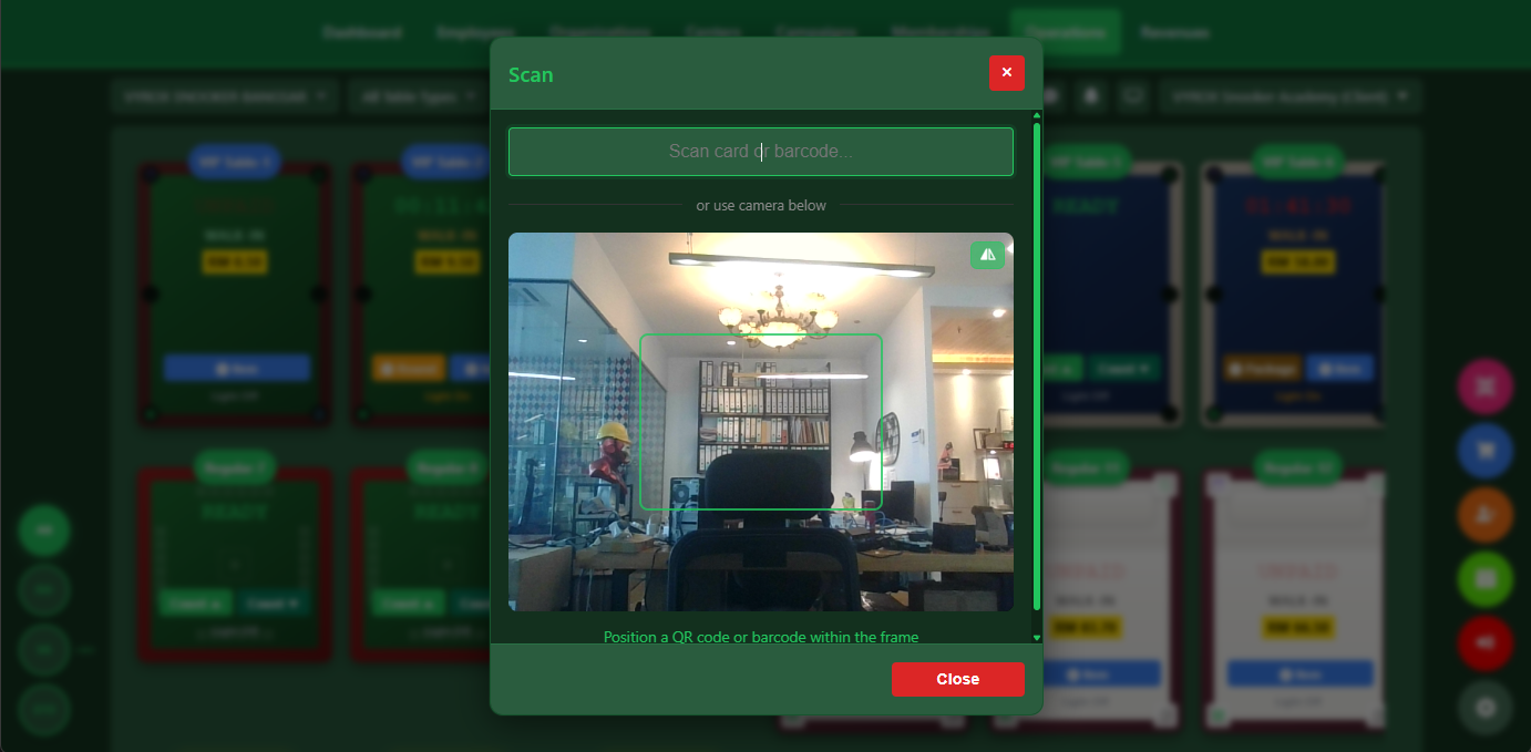 Snooker King RFID and QR scanner - operator hardware bridges card taps and QR scans into the member system