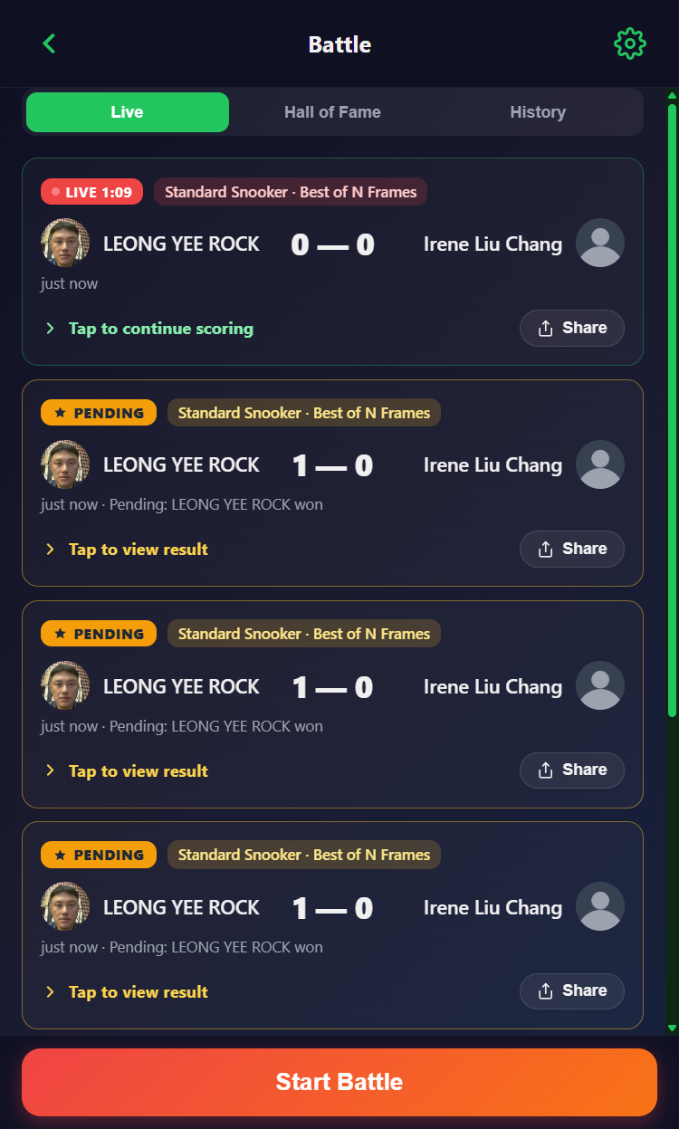 Snooker King live battles board with pending opponent cards - operator monitors arena traffic across the floor