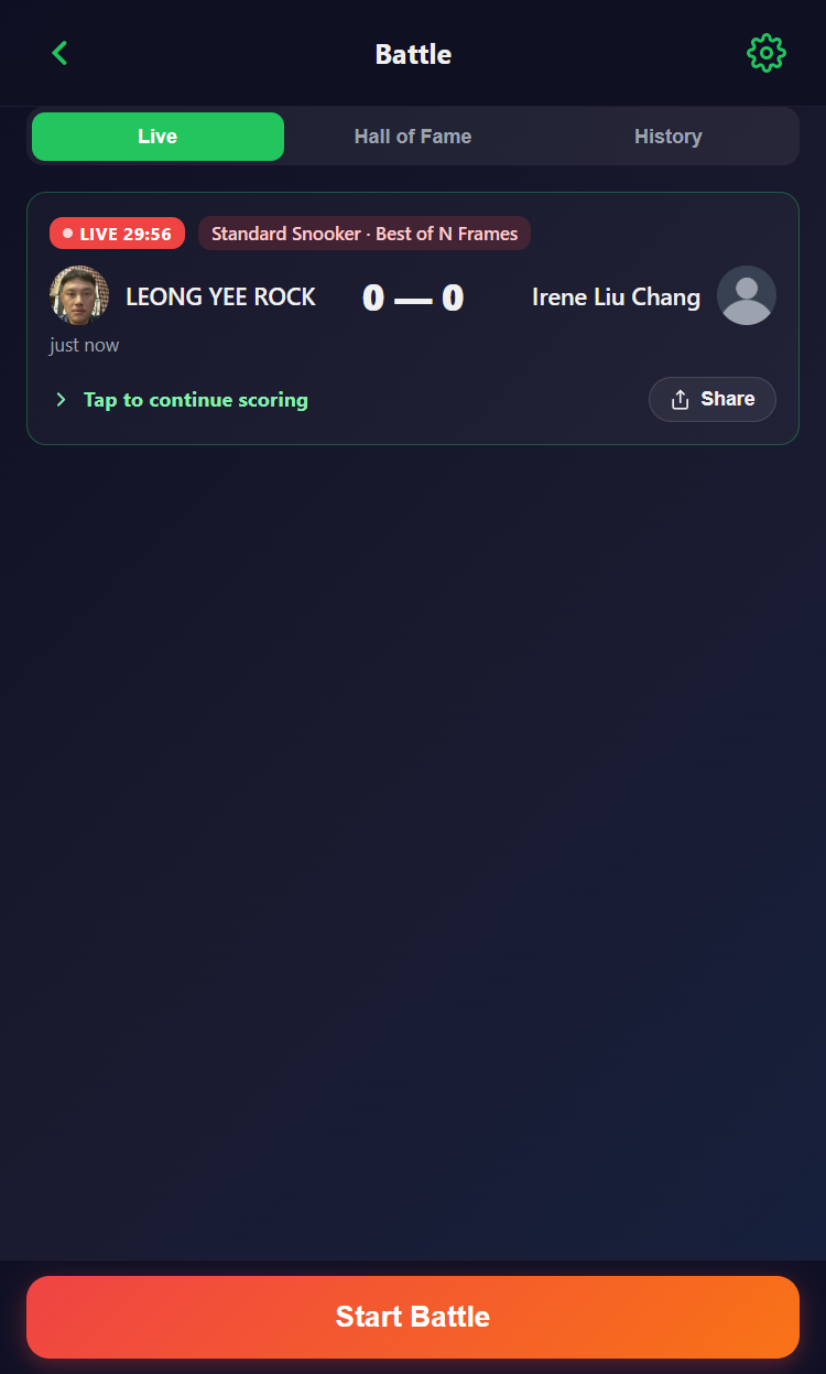 Snooker King live battle tab with running match timer - operator visibility into ongoing PvP sessions on the floor