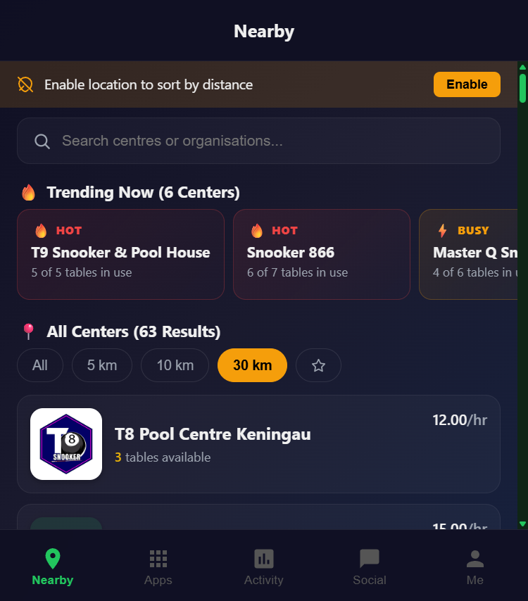 Snooker King battle live timer on a 320 pixel mobile - works on every member device the venue serves