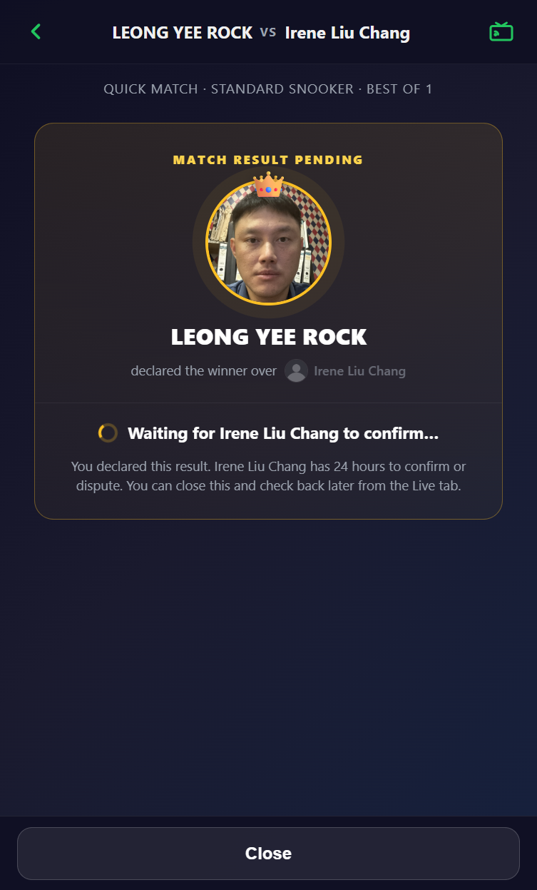 Snooker King battle confirmation modal final design - production-grade UI for fast result acceptance