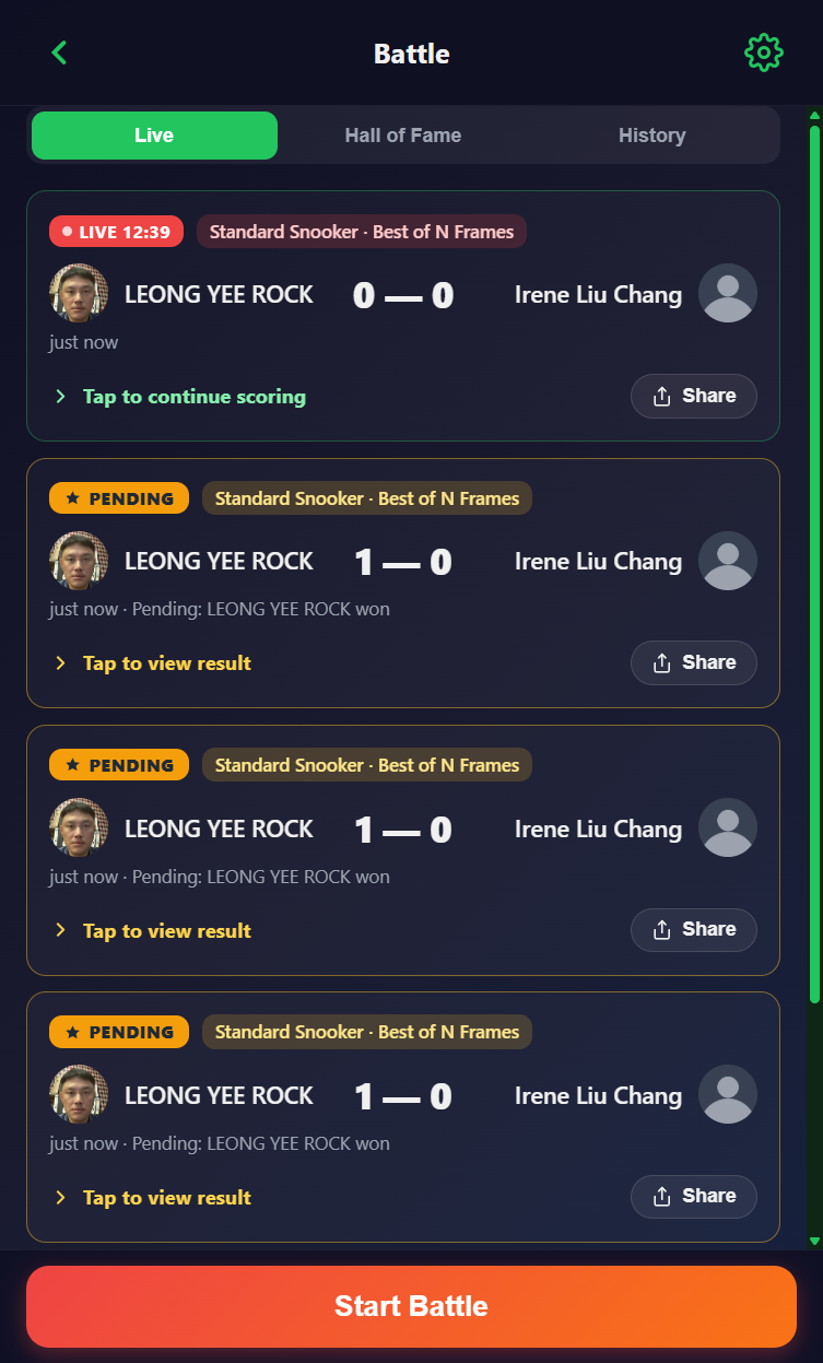 Snooker King battle confirmation muted-loser treatment - clean visual hierarchy without member-facing friction