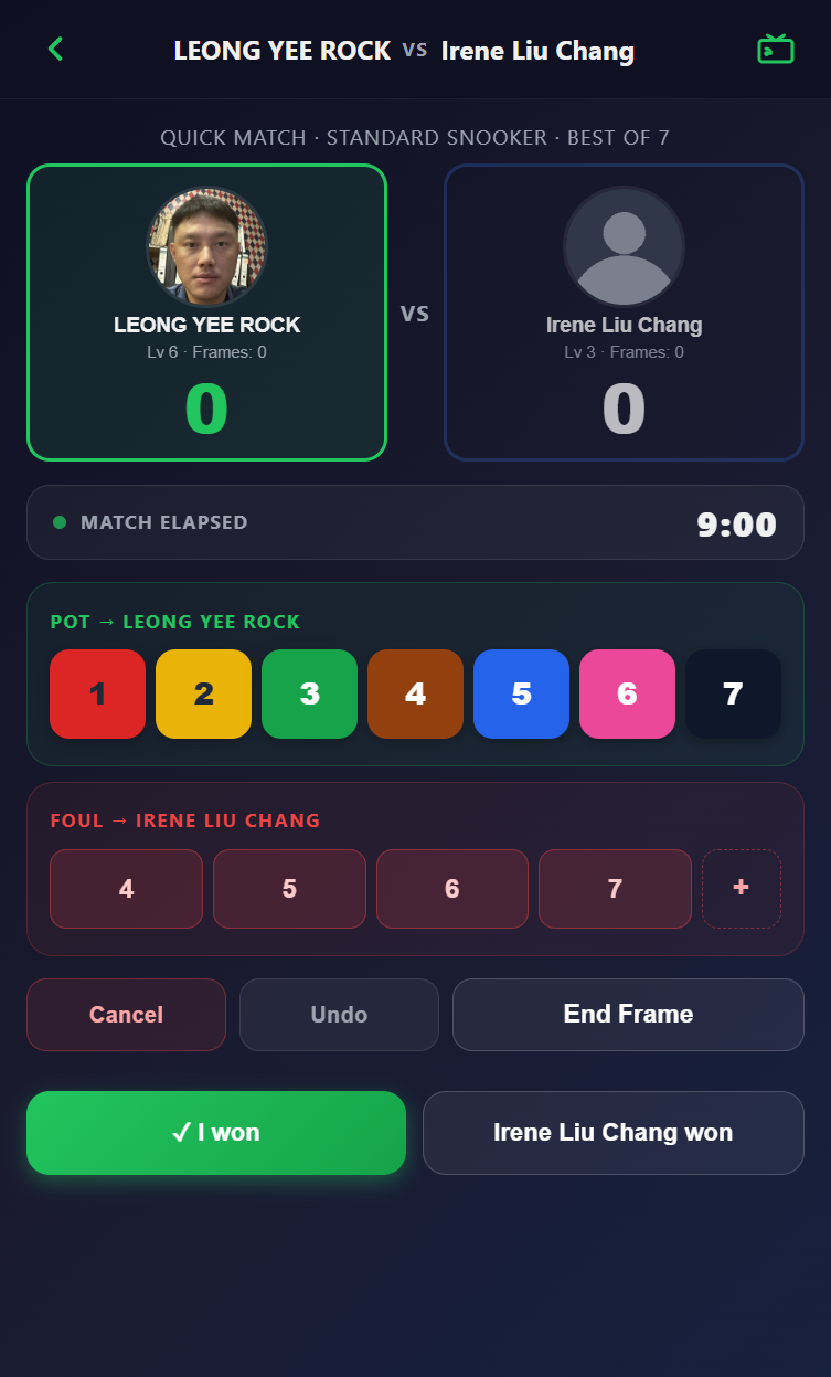 Snooker King battle scoring timer card - duration and frame score persist through reload for fair settlement