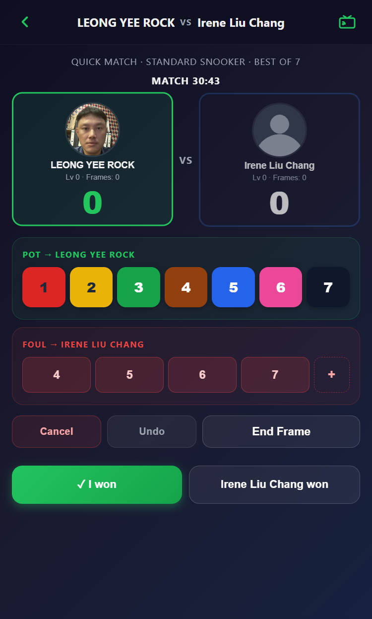 Snooker King battle scoring with live timer - frame-by-frame point capture for trustworthy adjudication