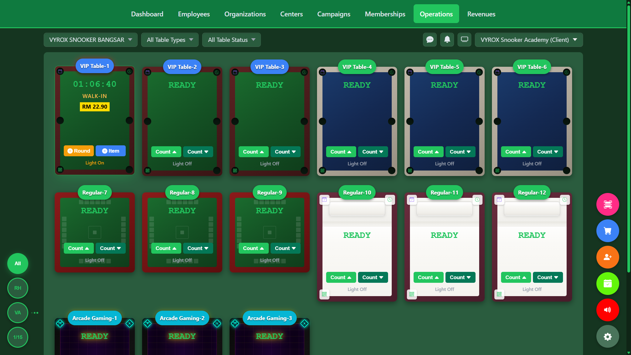 Snooker King live table command grid - 16 VIP and Regular tables, real-time timers, revenue per table for the venue owner