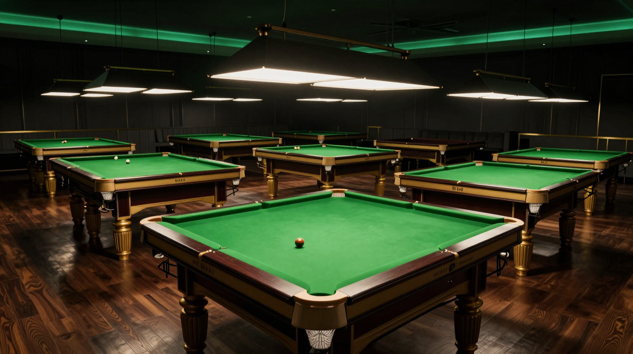 Snooker King brand ambience - a premium multi-table venue floor, the kind of hall this platform is built to run
