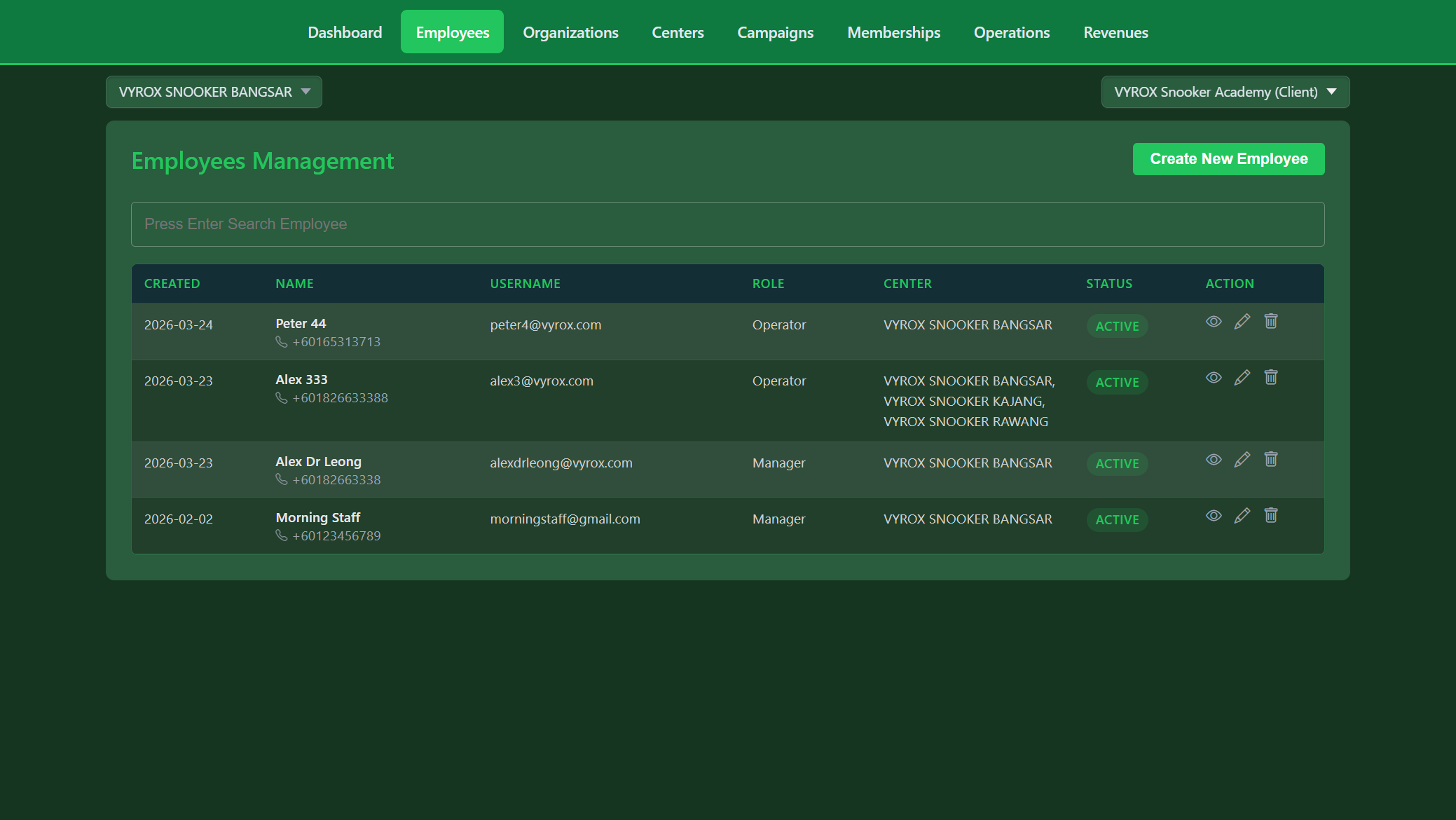 Snooker King staff management - employees list with role-based permissions (Operator, Manager), per-center assignment, and active/inactive status