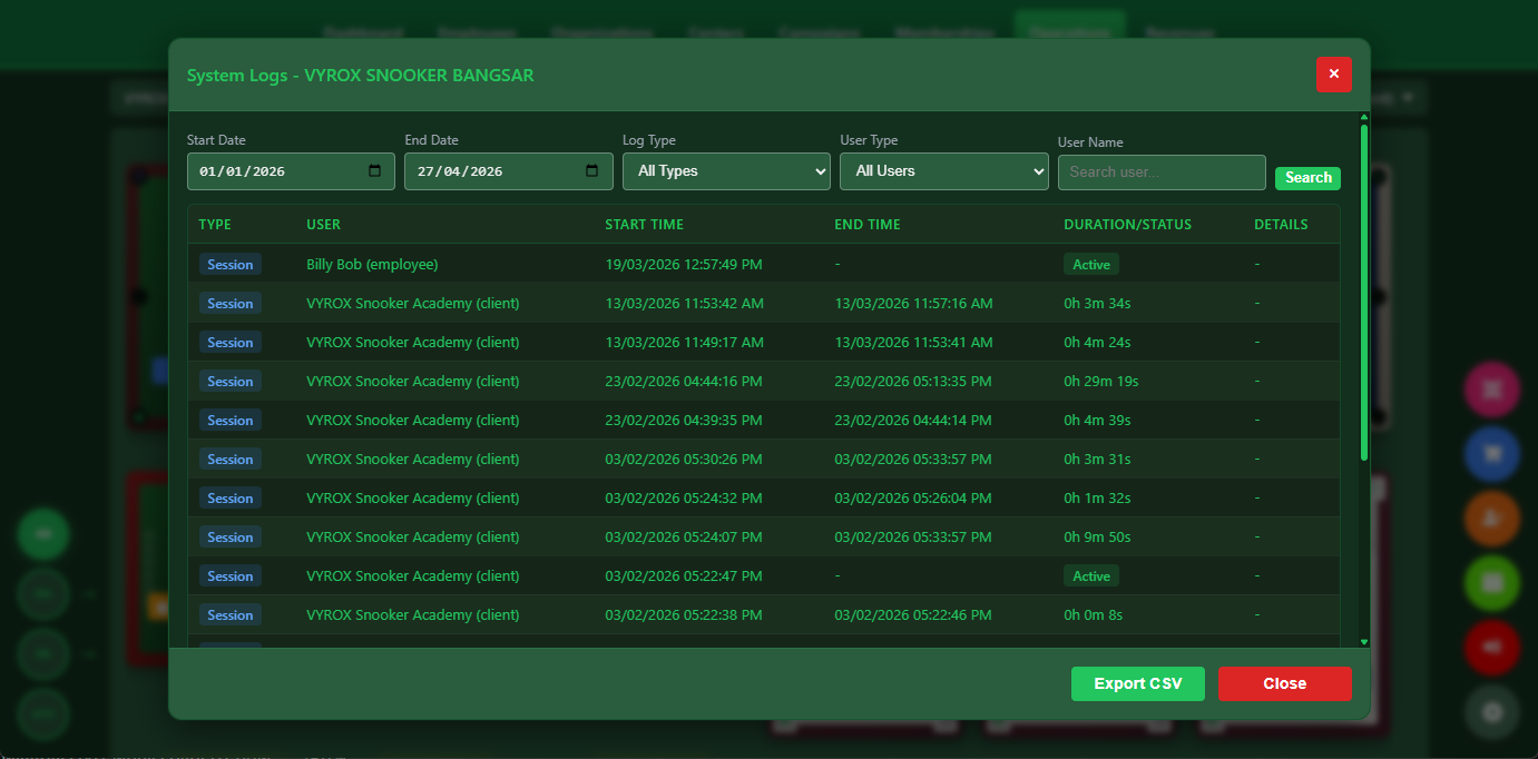 Snooker King staff activity tracking - operator audit log of every login, action, and shift event for fraud prevention