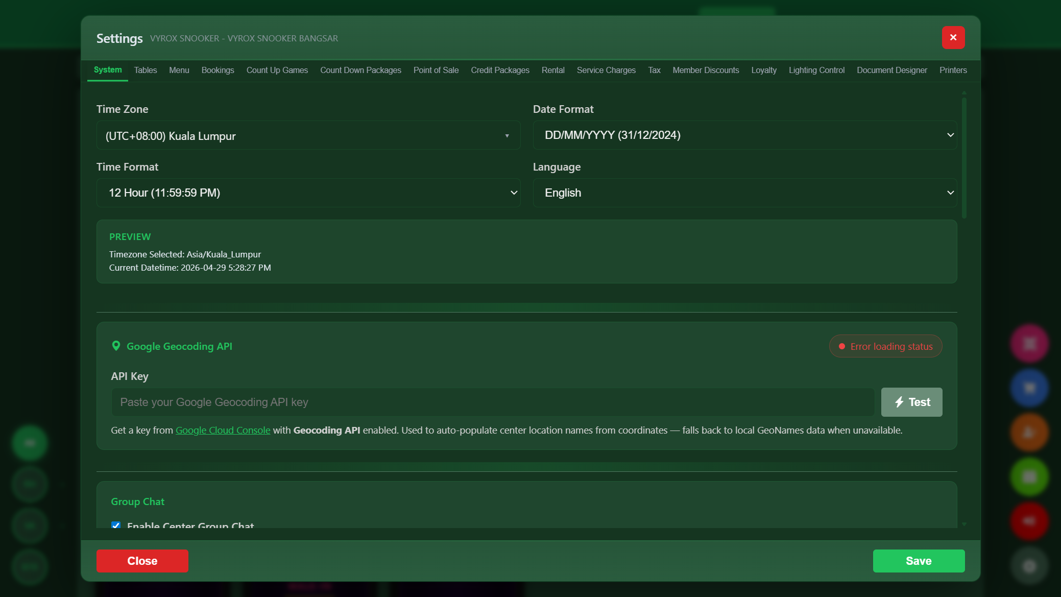 Snooker King system settings modal - operator configuration for venue-wide preferences and integrations