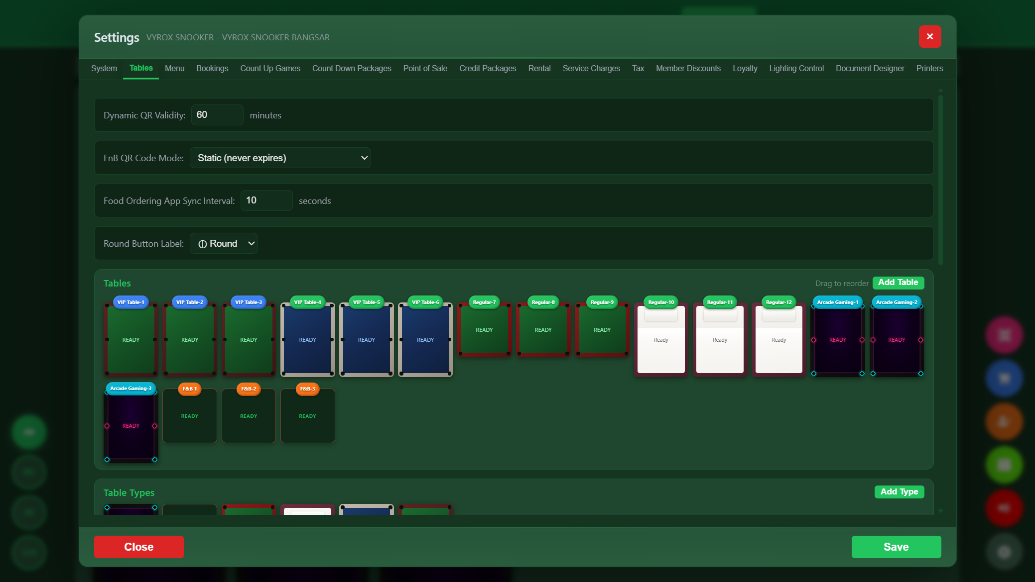 Snooker King tables and zones - drag-to-reorder VIP Arena and Regular Hall layout, table-type defaults