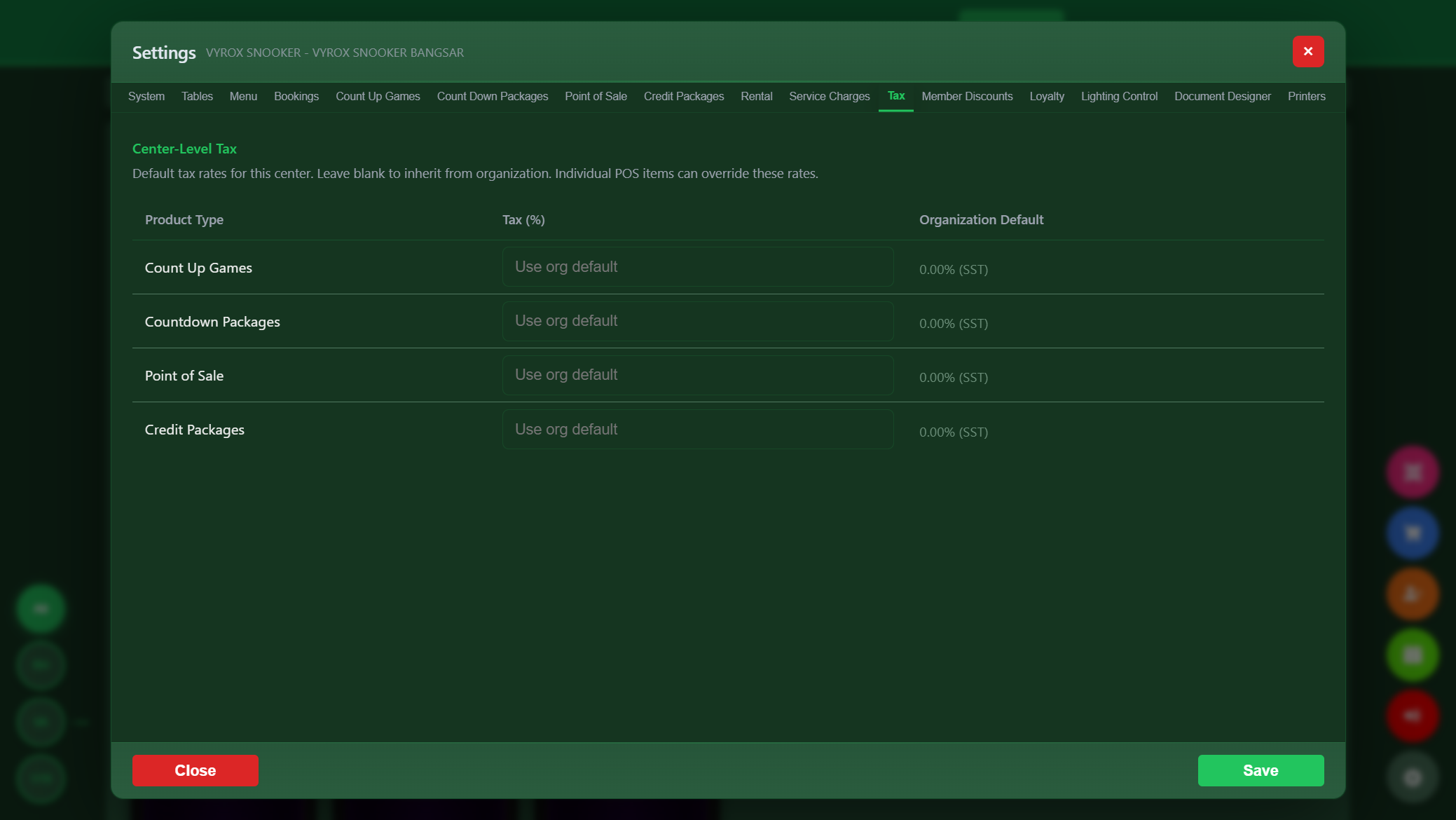 Snooker King SST and Malaysia e-invoice tax engine - per-product overrides, organization-default fallback