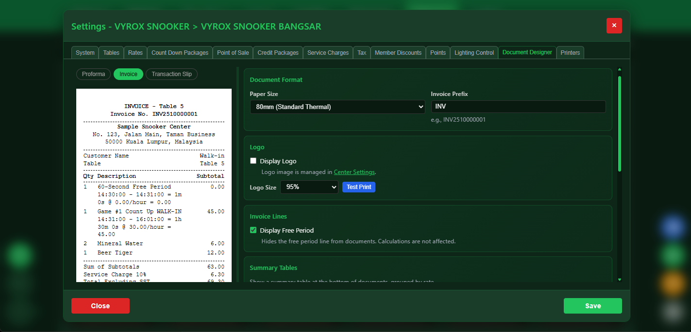 Snooker King customizable document and invoice template designer for professional snooker center branding