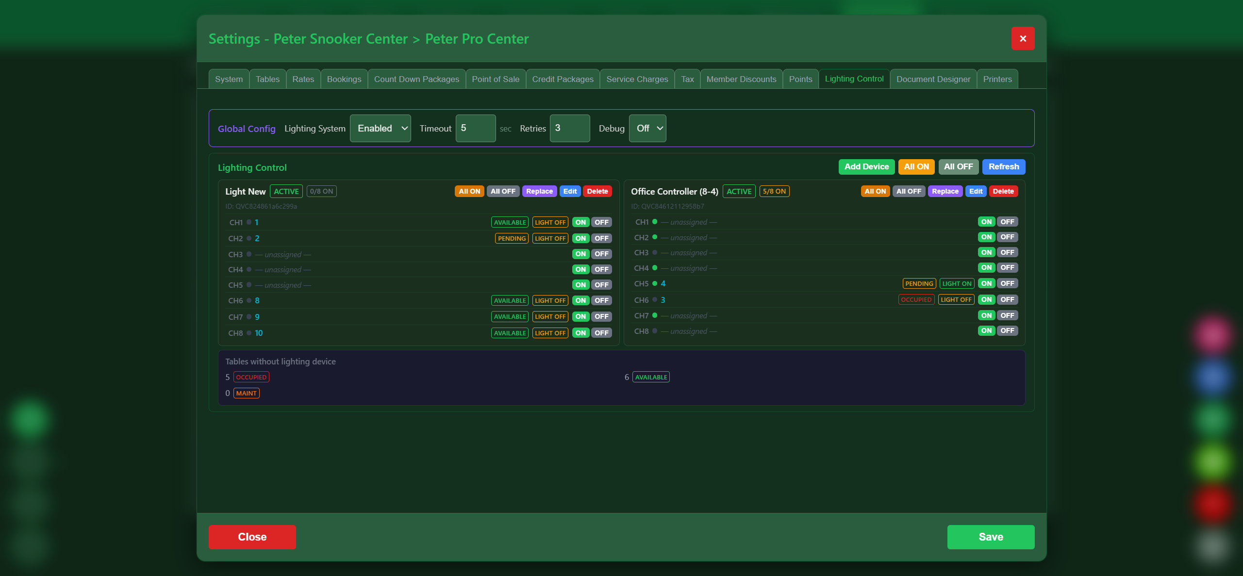 Snooker King automated lighting schedule with time-based rules for energy-efficient snooker center operations