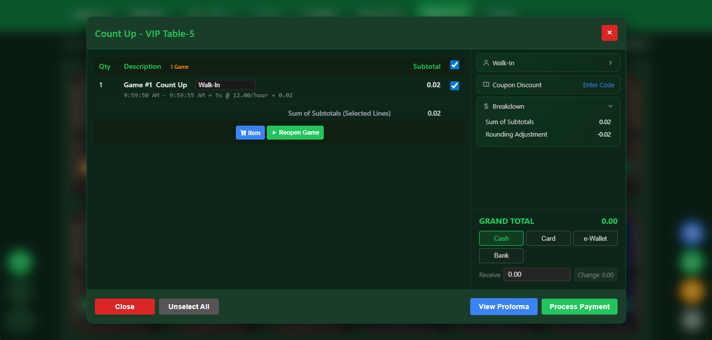 Snooker King split-bill payment checkout system with multiple payment methods for snooker center billing