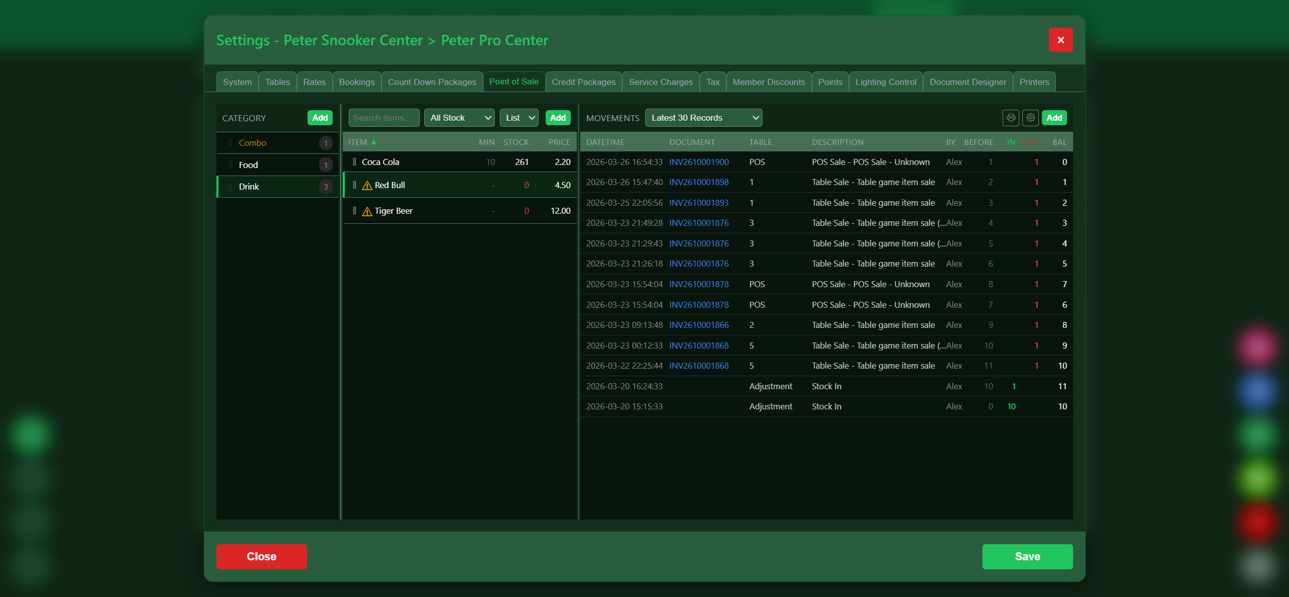 Snooker King POS category and item configuration with pricing and inventory settings for snooker center food beverage sales