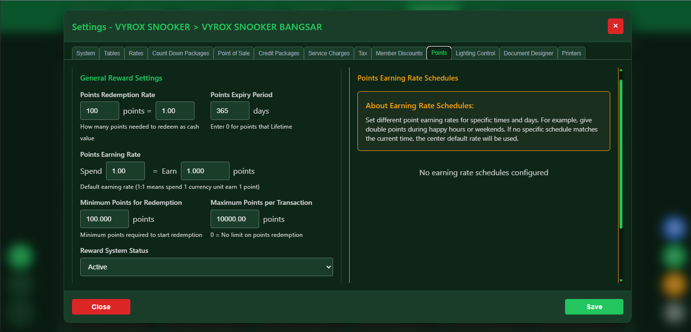 Snooker King reward points loyalty program with points earning rules and redemption for snooker club members
